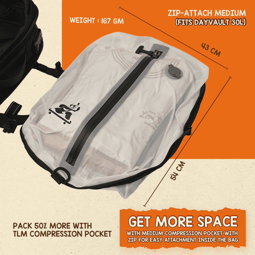 TLM Backpack-Compatible Compression Pocket — Vacuum Upgrade Module Zip-Attach Medium (Fits DayVault 30L)