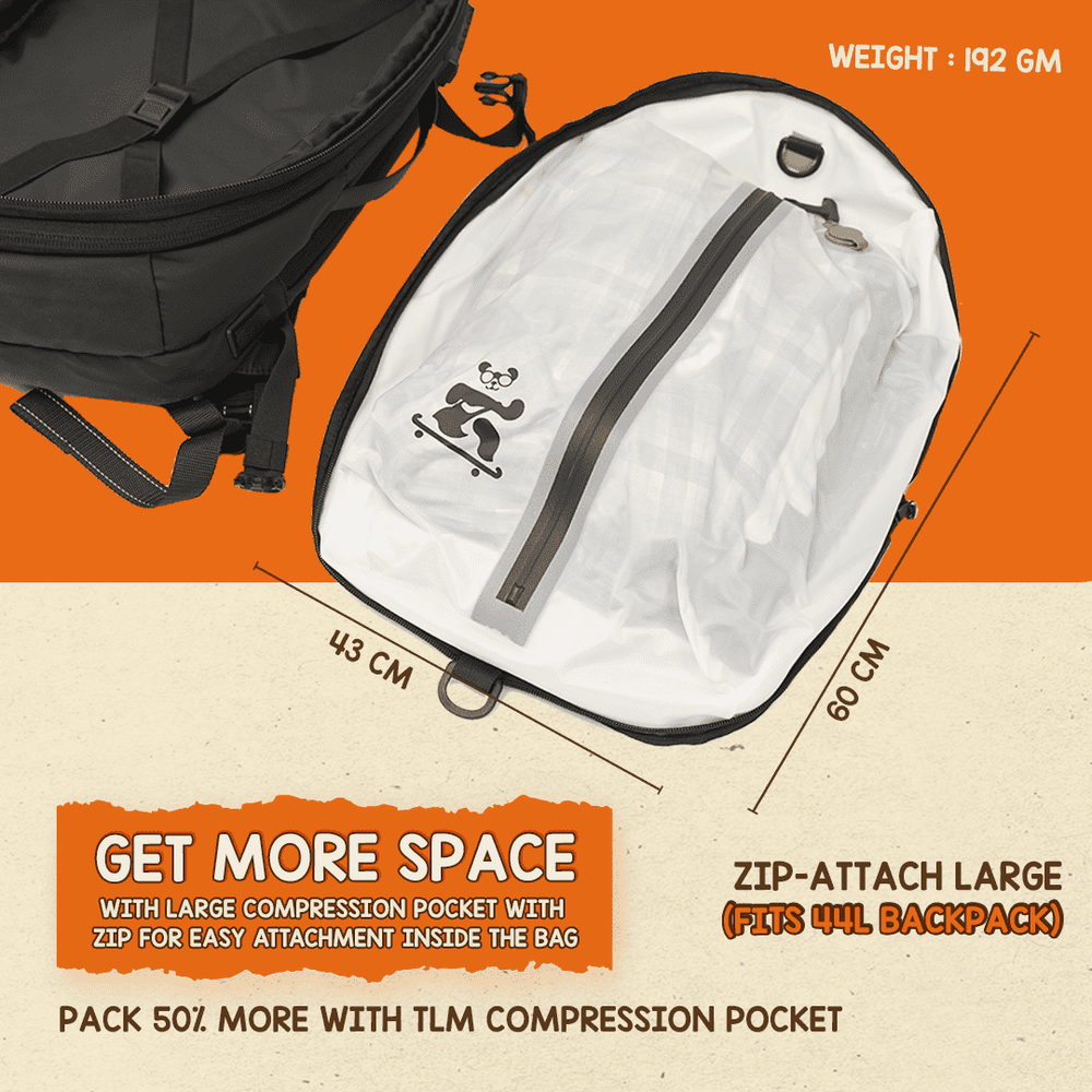 TLM Backpack-Compatible Compression Pocket — Vacuum Upgrade Module Zip-Attach Large (Fits 44L Backpack)