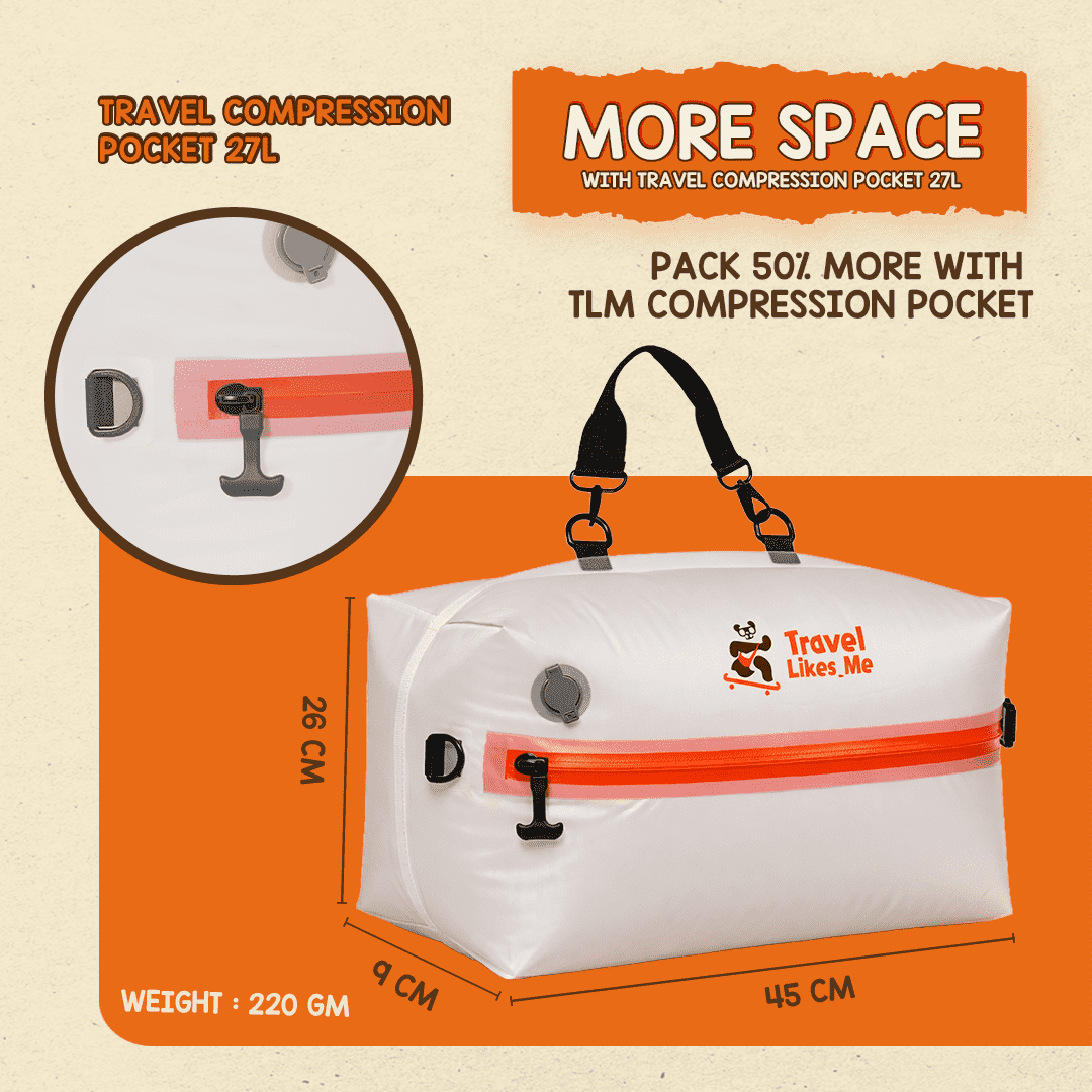 Space-saving compression pocket packed with winter clothes