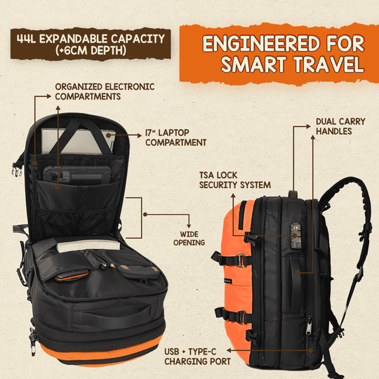 Travel backpack with USB charging port and padded laptop compartment